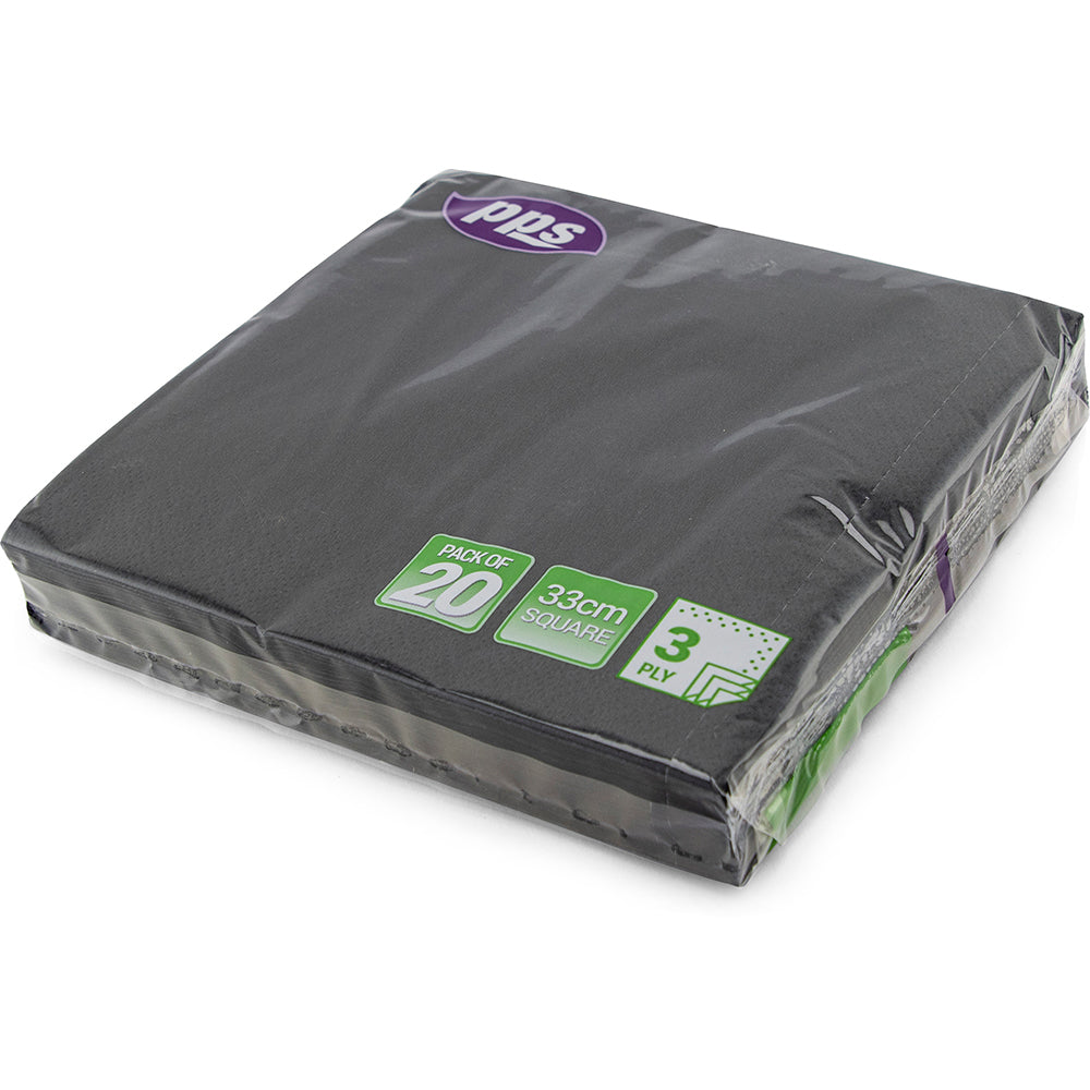 PPS NAPKINS 3 PLY 33CM X 33CM 20/PK - BLACK. PPS99090 \\\KD03873