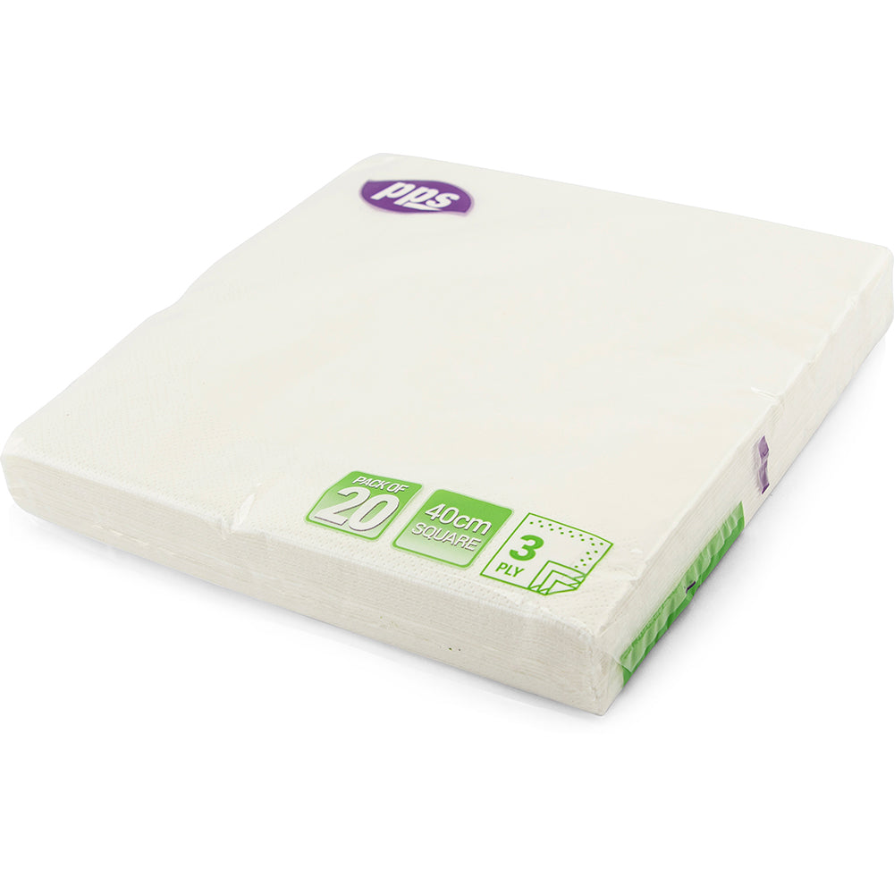 PPS NAPKINS 3 PLY 40CM X 40CM 20/PK - WHITE. PPS99201 \\\KD03888