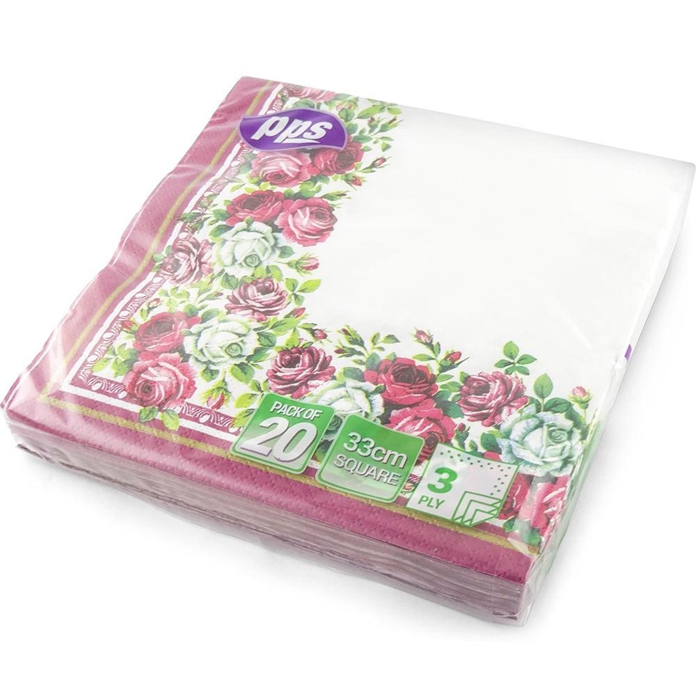 PPS NAPKINS 3 PLY 33CM X 33CM 20/PK - RED ROSE BORDER. PPS99353 \\\KD03899