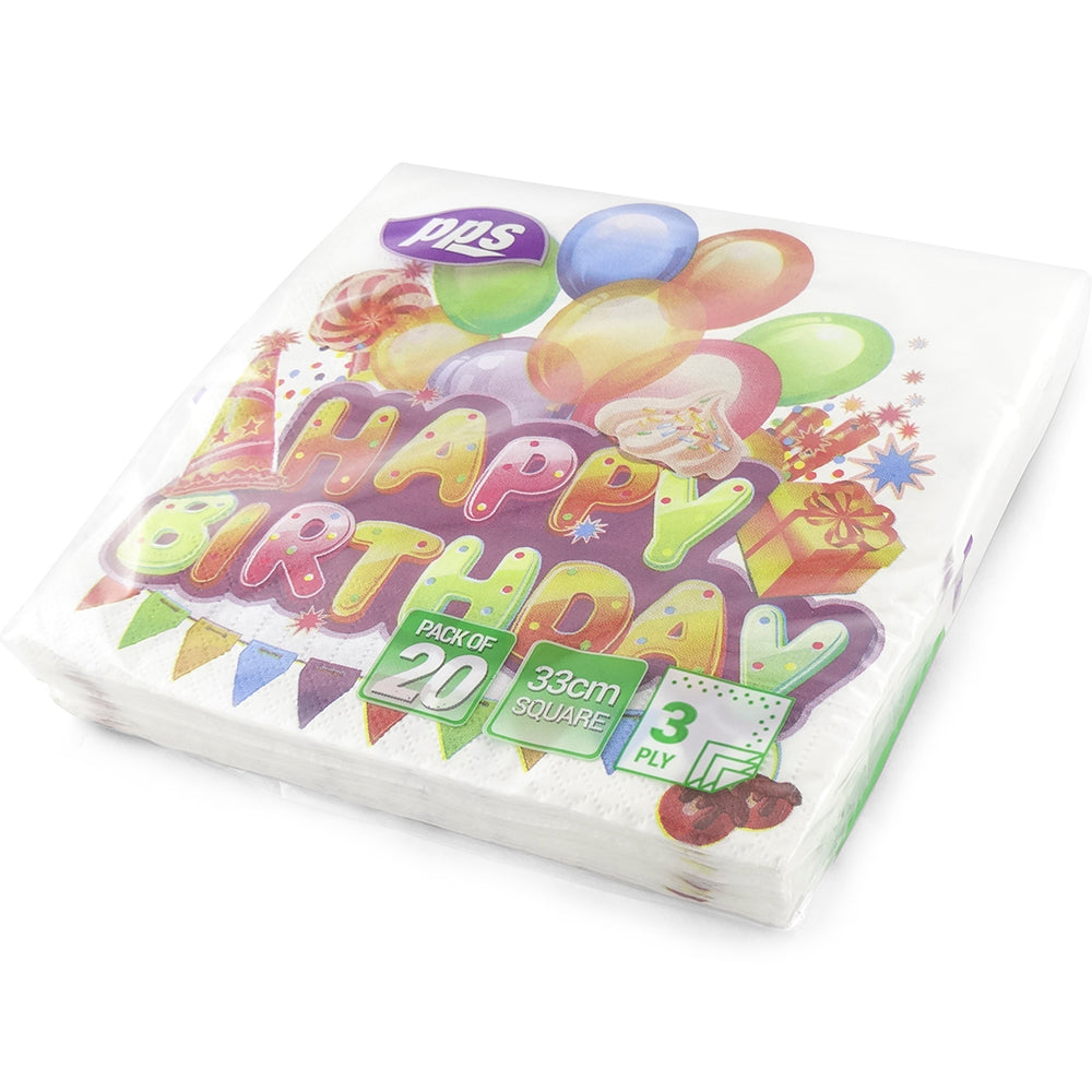 PPS NAPKINS 3 PLY 33CM X 33CM 20/PK - HAPPY BIRTHDAY. PPS99358 \\\KD03902