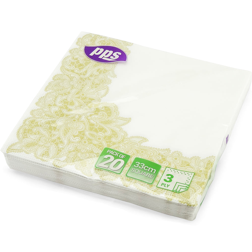 PPS NAPKINS 3 PLY 33CM X 33CM 20/PK - GOLD LEAF BORDER. PPS99359 \\\KD03903