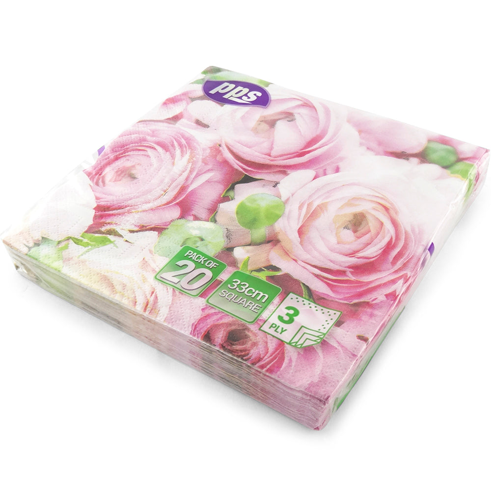 PPS NAPKINS 3 PLY 33CM X 33CM 20/PK - PINK ROSES & GREEN LEAF. PPS99368 \\\KD03907