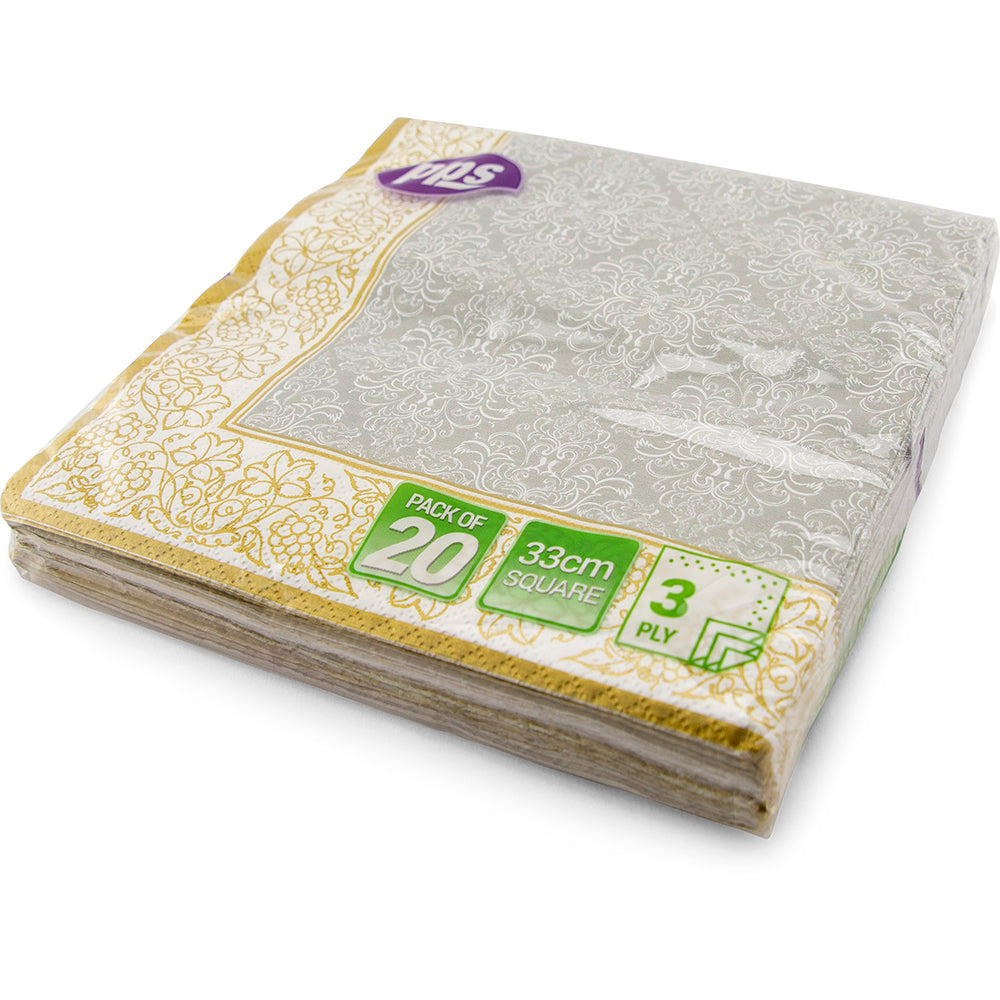 PPS NAPKINS 3 PLY 33CM X 33CM 20/PK - SILVER WITH GOLD BORDER. PPS99369 \\\KD03908
