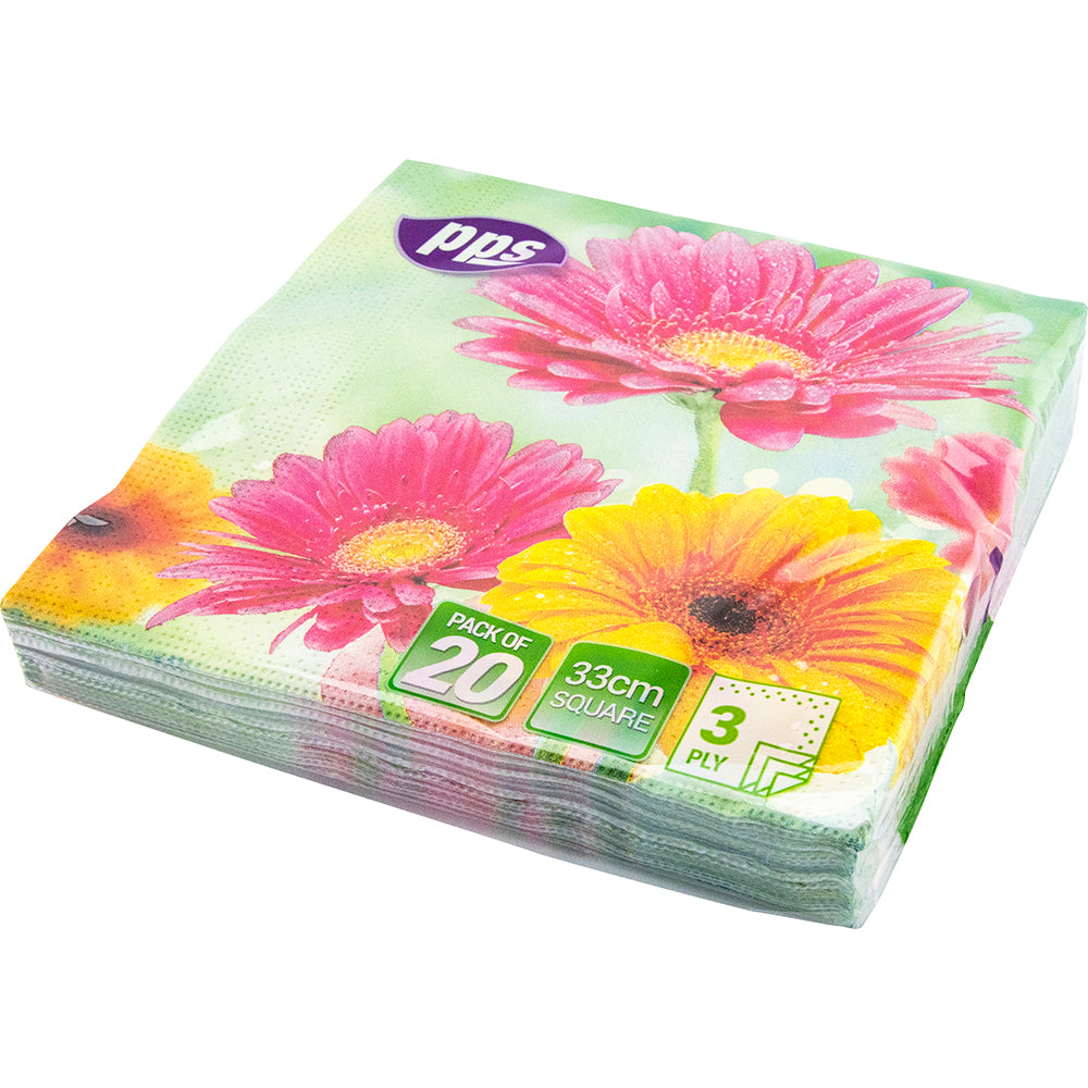 PPS NAPKINS 3 PLY 33CM X 33CM 20/PK - YELLOW & PINK SUNFLOWERS. PPS99373 \\\KD03911