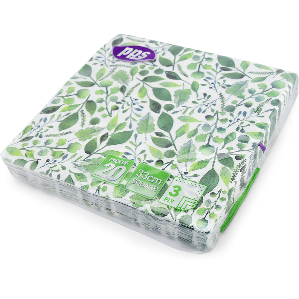PPS NAPKINS 3 PLY 33CM X 33CM 20/PK - GREEN LEAF. PPS99375 \\\KD03913