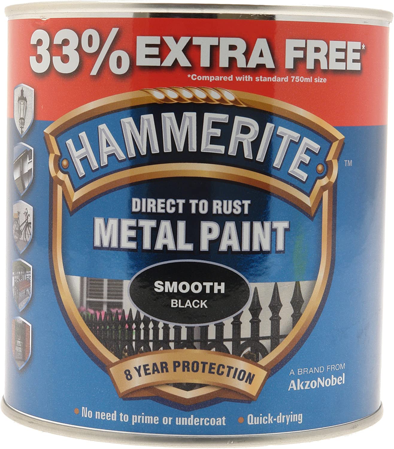 HAMMERITE METAL PAINT SMOOTH BLACK 750ML + 33% FREE (1L). 5158235 \\\KD03952