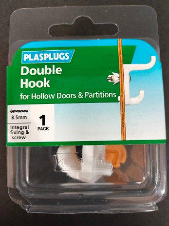 PLASPLUGS DOUBLE HOLLOW DOOR HOOK - WHITE. DHW133 \\\KD04061