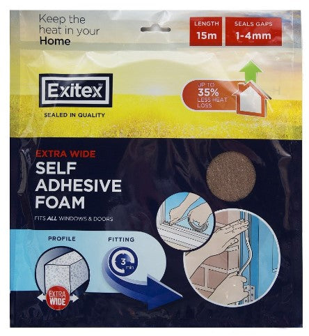 EXITEX SELF ADHESIVE DRAUGHT EXCLUDER WEATHER FOAM TAPE 6MM X 15M - BROWN. 1.01.0380.0015.10 \\\KD04137