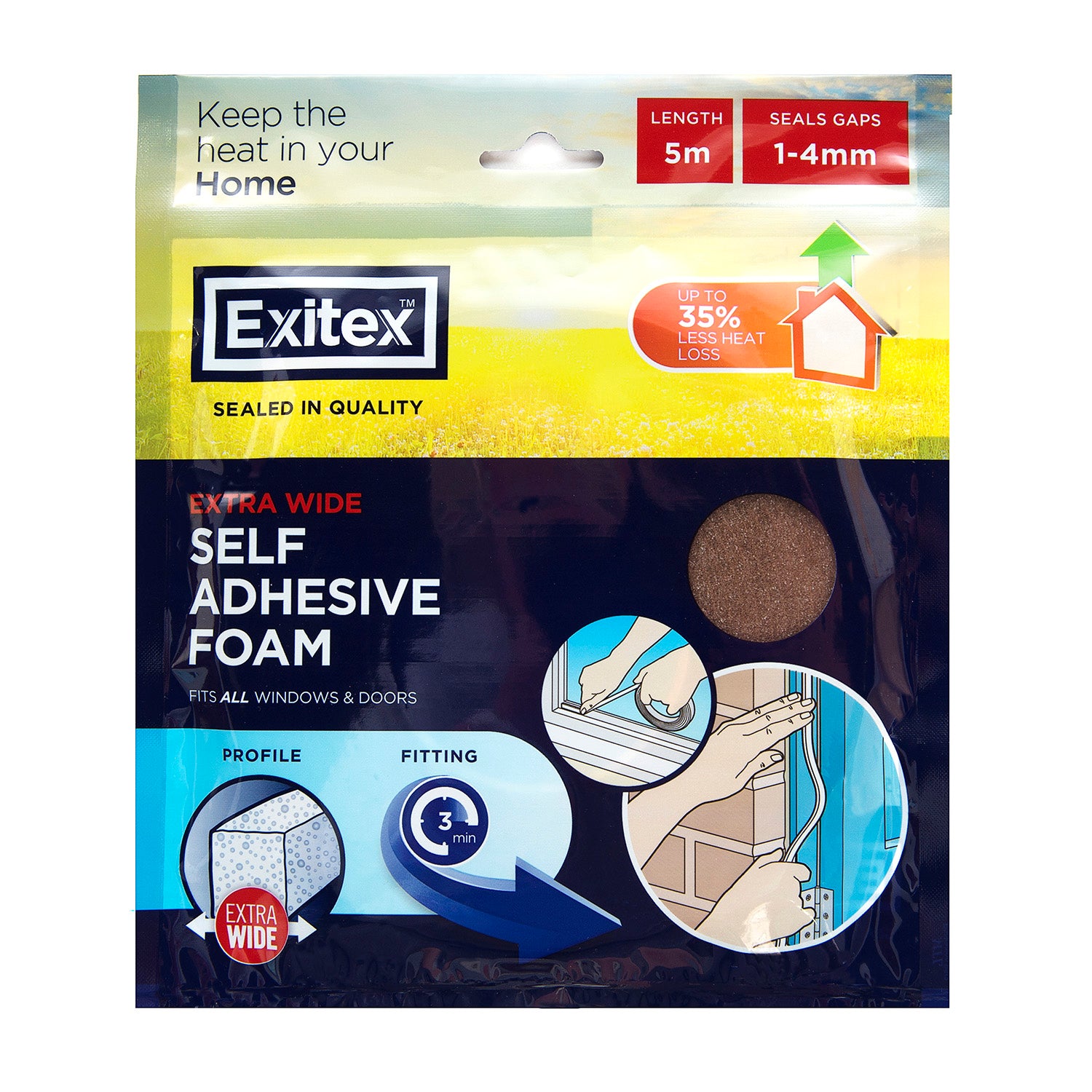 EXITEX EXTRA WIDE SELF ADHESIVE DRAUGHT EXCLUDER WEATHER FOAM TAPE 10MM X 5M - BROWN. 1.01.0382.0005.10 \\\KD04139