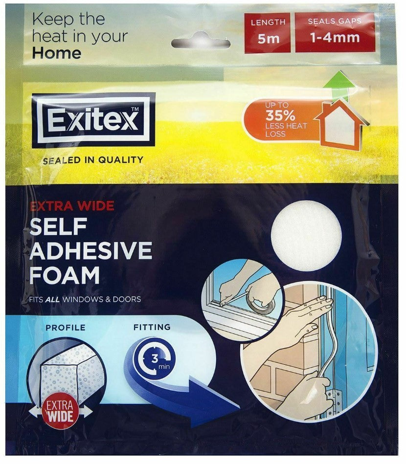 EXITEX EXTRA WIDE SELF ADHESIVE DRAUGHT EXCLUDER WEATHER FOAM TAPE 10MM X 5M - WHITE. 1.01.0382.0005.35 \\\KD04140