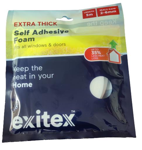 EXITEX EXTRA THICK SELF ADHESIVE DRAUGHT EXCLUDER WEATHER FOAM TAPE 6MM(T) X 8MM(W) X 5M - WHITE. 1.01.0384.0005.35 \\\KD04143