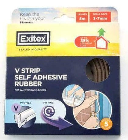 EXITEX SELF ADHESIEVE EPDM RUBBER V STRIP DRAUGHT EXCLUDER 5M - BROWN. 1.03.0003.0005.10 \\\KD04156