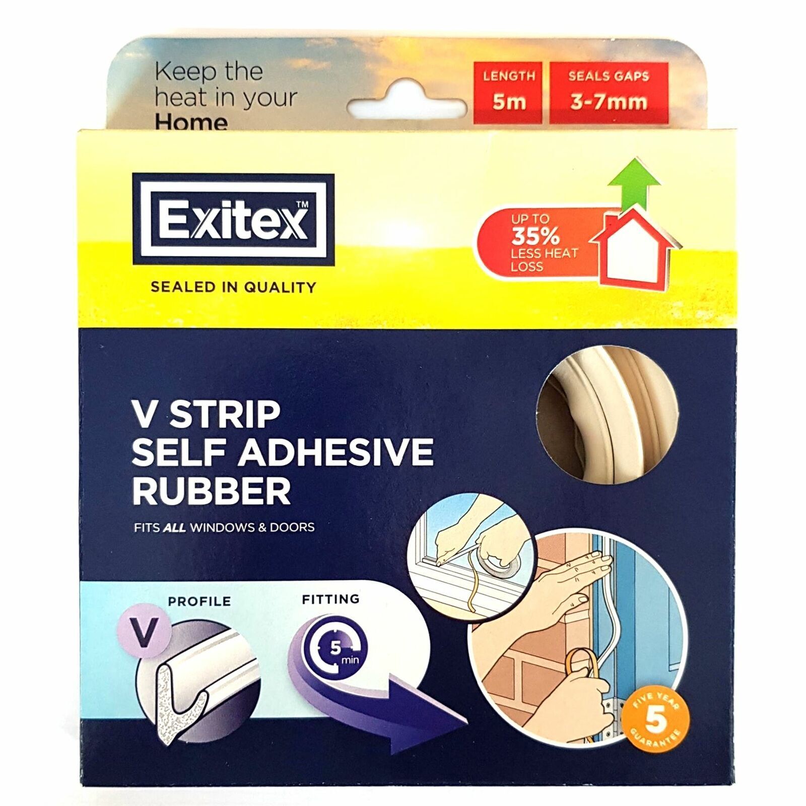 EXITEX SELF ADHESIEVE EPDM RUBBER V STRIP DRAUGHT EXCLUDER 5M - WHITE. 1.03.0003.0005.35 \\\KD04157