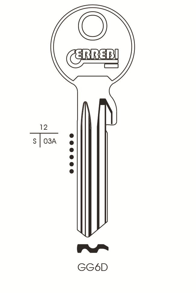 KEY BLANK GG6D ERREBI CYLINDER BLANK GEGE ORION GE46 SILCA GE106 JMA GE-3D6 PIN TO SUIT GEGE 10/PK. GG6D \\\KD04497