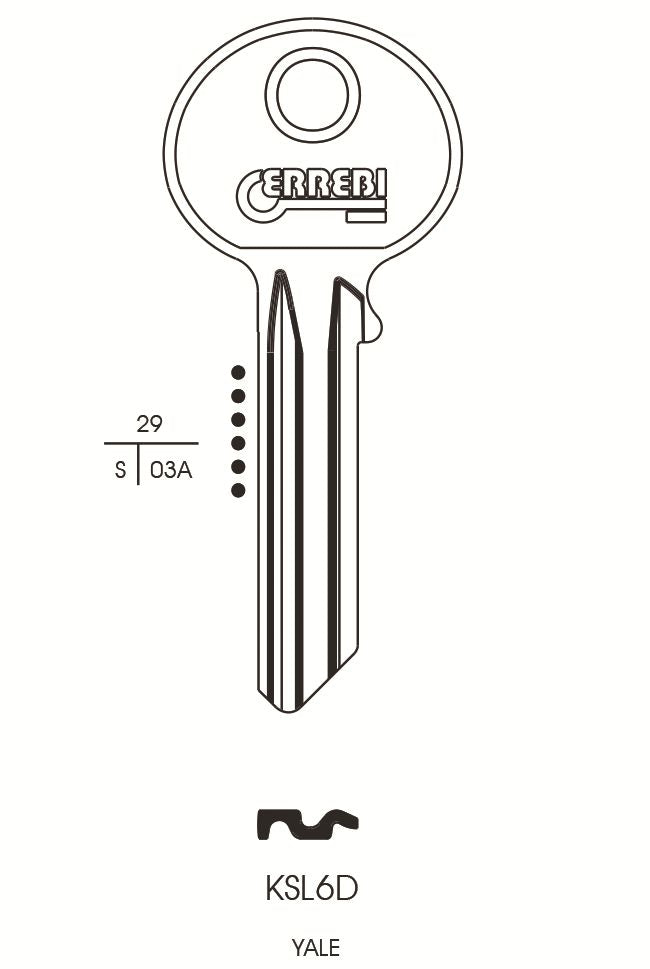 KEY BLANK KSL6D ERREBI CYLINDER TO SUIT YALEORION YAL15 SILCA YA5 RST 16HLJMA YA-17D HD32 10/PK. KSL6D \\\KD04499