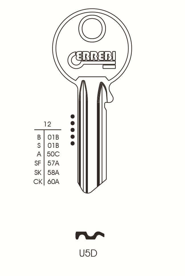 KEY BLANK U5D ERREBI CYLINDER ORION UNL5 SILCA UL050 (STEEL)HD UL1 5 PIN TO SUIT UNIVERSAL 10/PK. U5D \\\KD04502