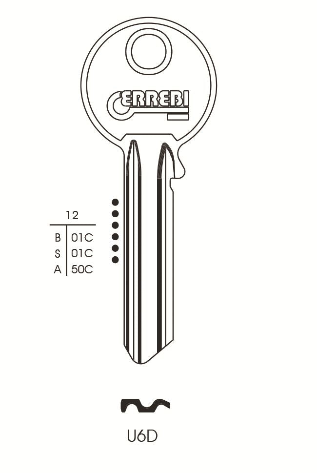 KEY BLANK U6D ERREBI CYLINDER ORION UNL6 SILCA UL054 STEEL 6 PIN TO SUIT UNIVERSAL UL2 10/PK. U6D \\\KD04503