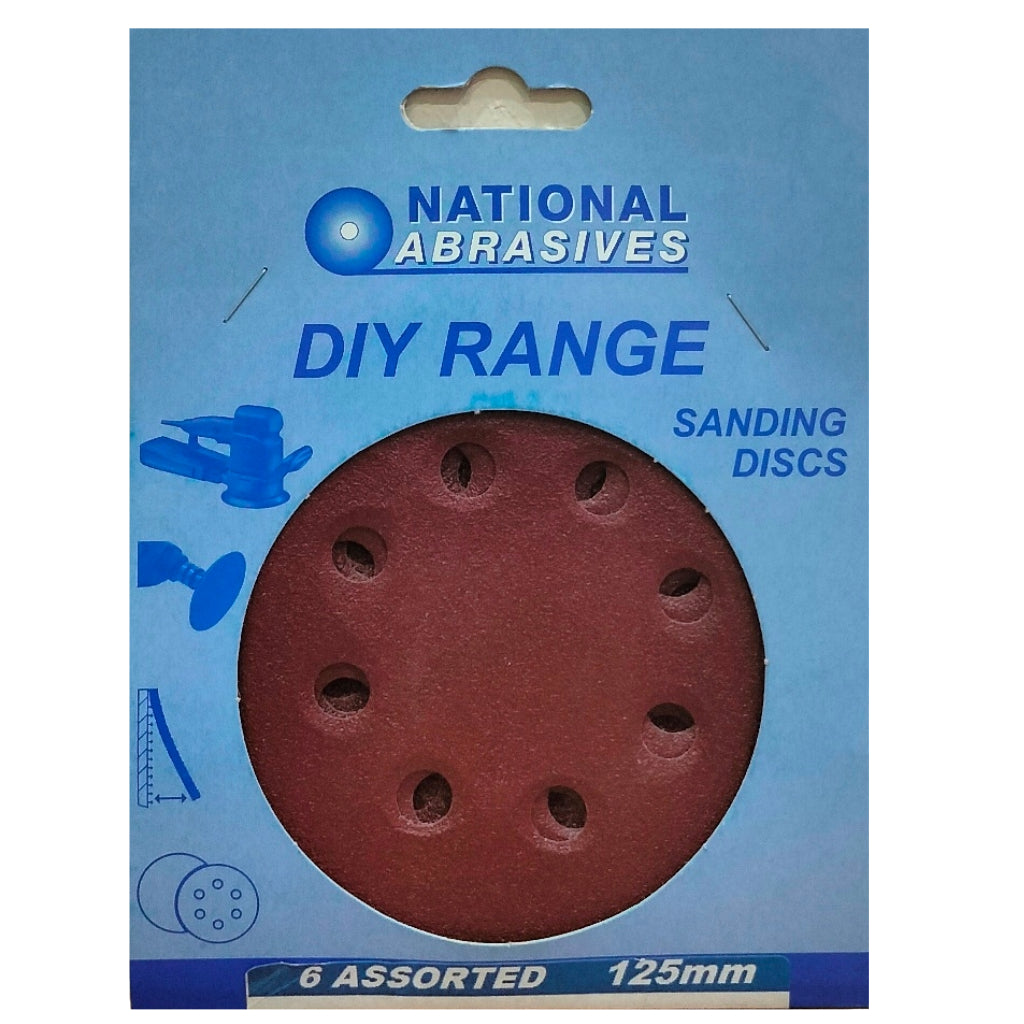 NATIONAL ABRASIVES ASSORTED GRIT RED A/OXIDE SANDING DISCS 125MM 6/PK. NAT503951 \\\KD04808