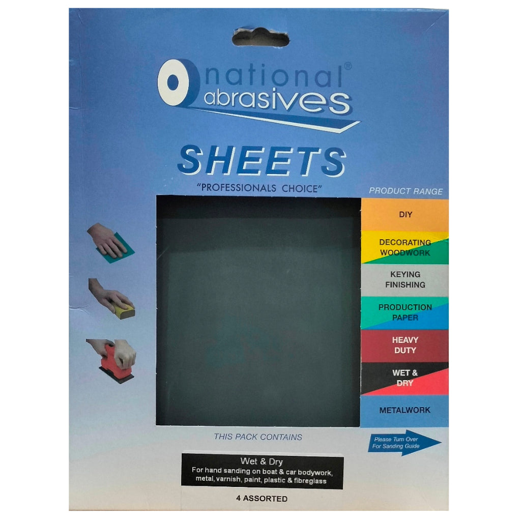 NATIONAL ABRASIVES ASSORTED WET & DRY SHEET 280 X 230MM 4/PK. NAT70347 \\\KD04821