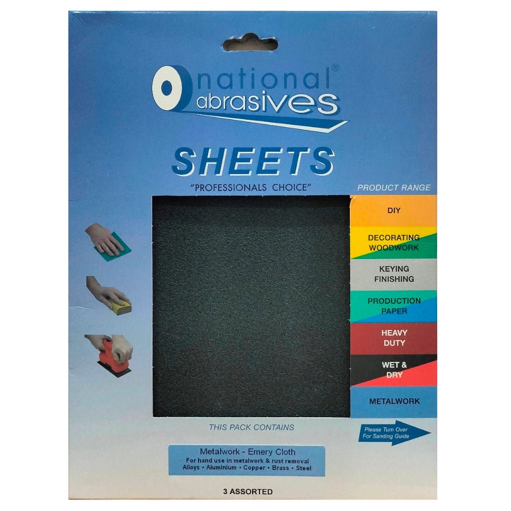 NATIONAL ABRASIVES METAL WORK ASSORTED EMERY SHEET 3/PK. NAT70385 \\\KD04822
