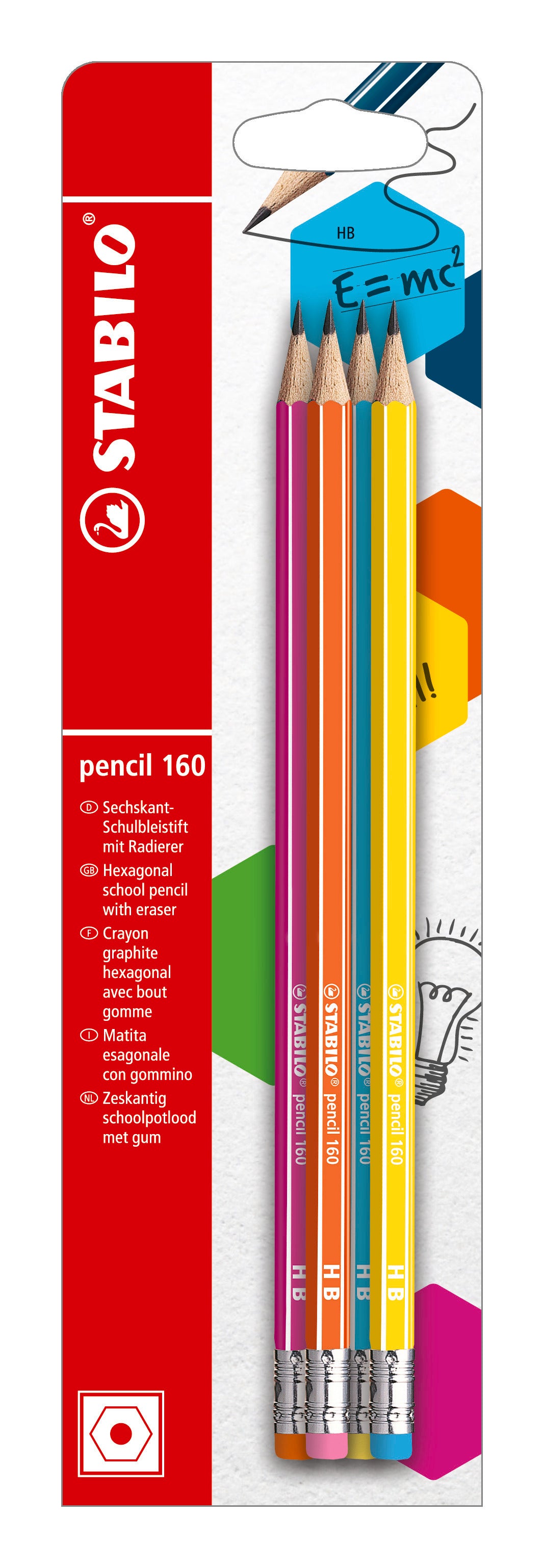 STABILO 4 PCS PENCIL 160 WITH ERASER HB (PINK BLUE ORANGE YELLOW). B-50860-10 \\\KD04865