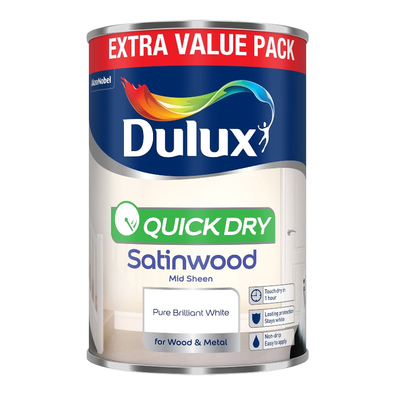 DULUX QUICK DRY SATINWOOD PURE BRILLIANT WHITE 1.25L. 5680435 \\\KD04894