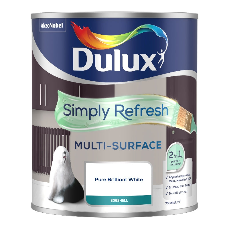 DULUX SIMPLY REFRESH  MULTI-SURF EGGSHELL PURE BRILLIANT WHITE 750ML. 5765569 \\\KD04898