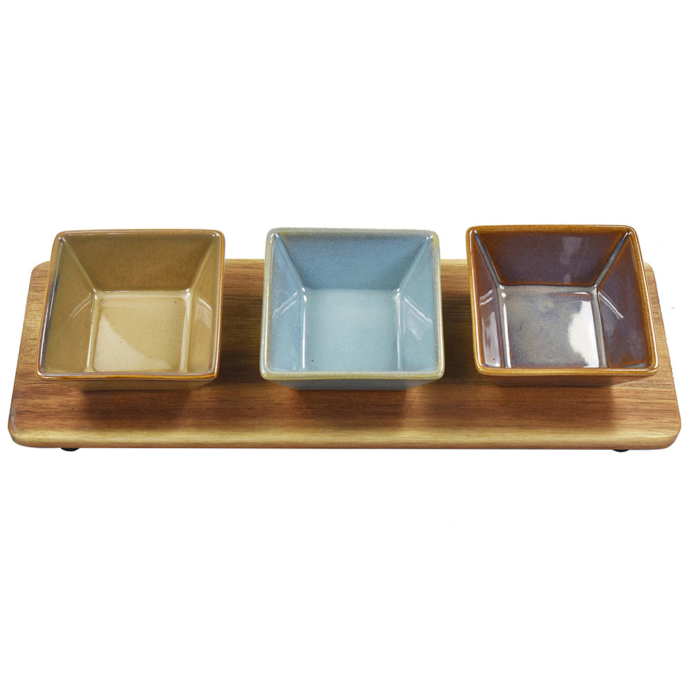 ELEMENTS WOODEN SERVING PLATTER WITH SQUARE CERAMIC DISHES â€“ 4 PIECE SET. LP72832 \\\KD04935