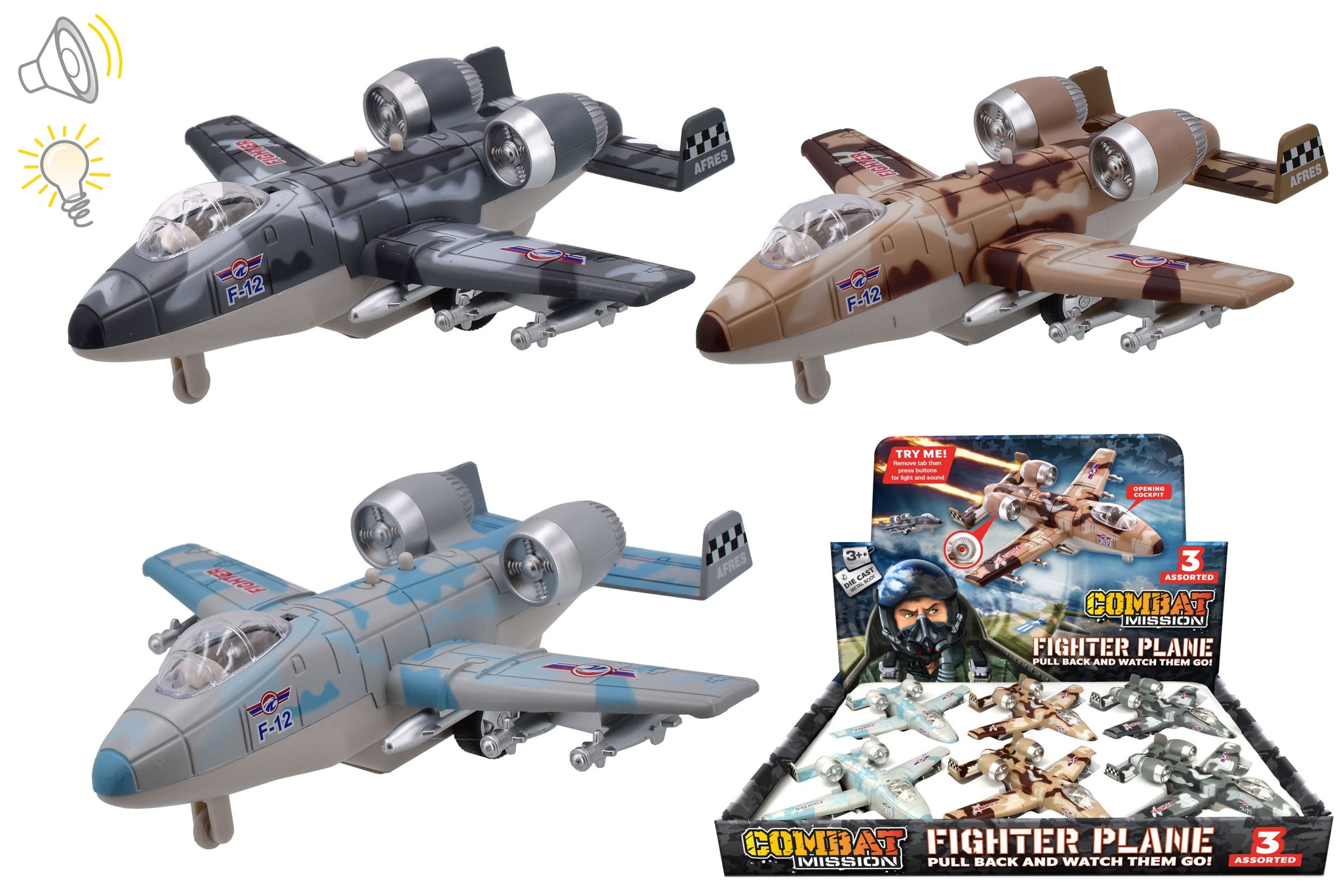 COMBAT MISSION ASSORTED DIE CAST AIRCRAFT WITH LIGHT AND SOUND. TY0114 \\\KD05350