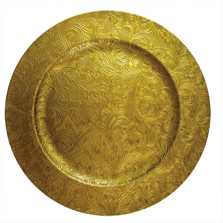 HARVEY & MASON EMBOSSED GOLD FLORAL DESIGN CHARGER PLATES 33CM. XM4496 \\\KD10102