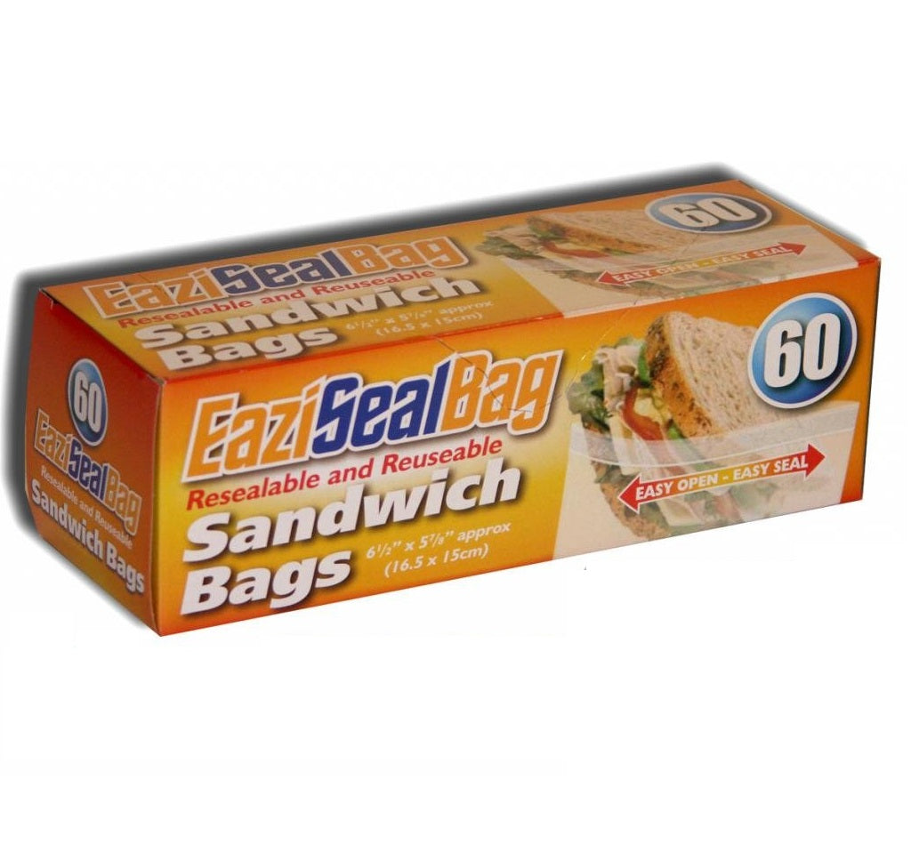 EAZISEAL REUSEABLE SANDWICH BAGS 16.5CM X 15CM 60/PK. RY0504 \\\KD10103