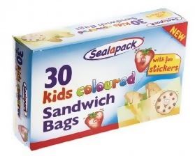 SEALAPACK KIDS COLOURED SANDWICH BAGS WITH FUN STICKERS 30PK. SAP2015C \\\KD10145