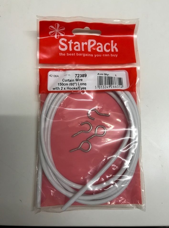 STAR PACK CURTAIN WIRE 150CM LONG WITH 2X HOOKS/ EYES. 72389 \\\KD10205