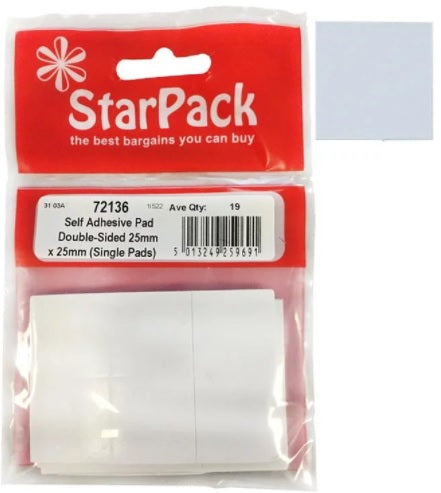 STAR PACK 19 SELF ADHESIVE PAD DOUBLE- SIDED 25MM X 25MM. 72136 \\\KD10258