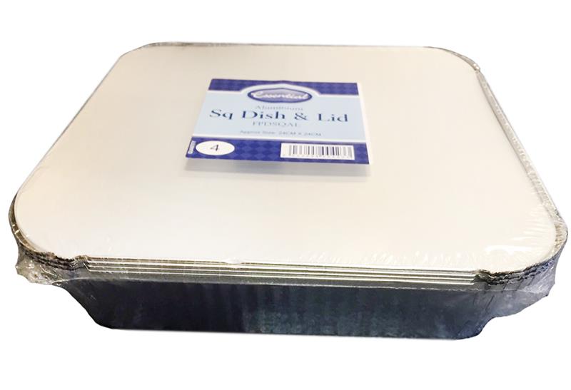 ESSENTIAL HOUSEWARES SQUARE FOIL DISH 24CM X 24CM  WITH LIDS 4/PK. FPDSQAL \\\KD10285