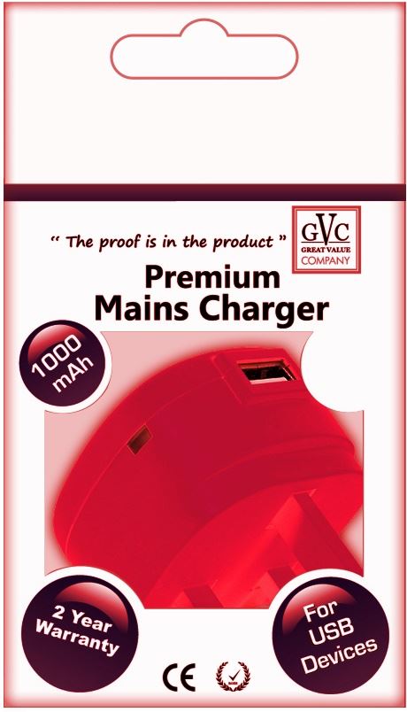 GVC USB MAINS CHARGER 1A RED. GVCMUSBRE \\\KD10485