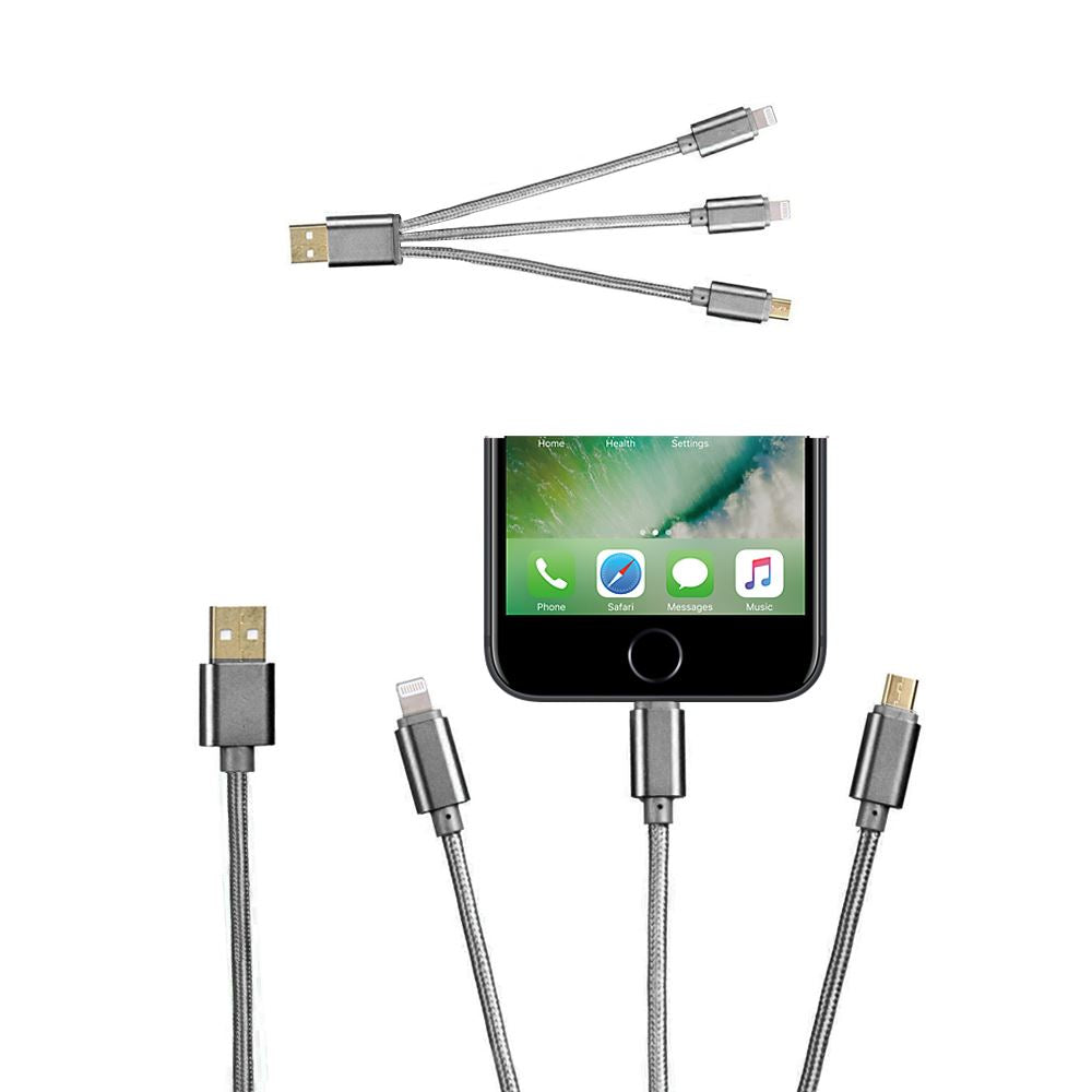 SILVER GREY POWABUD 3 IN 1 USB CABLE IPHONE 5. FXUB3IN1SG \\\KD10528