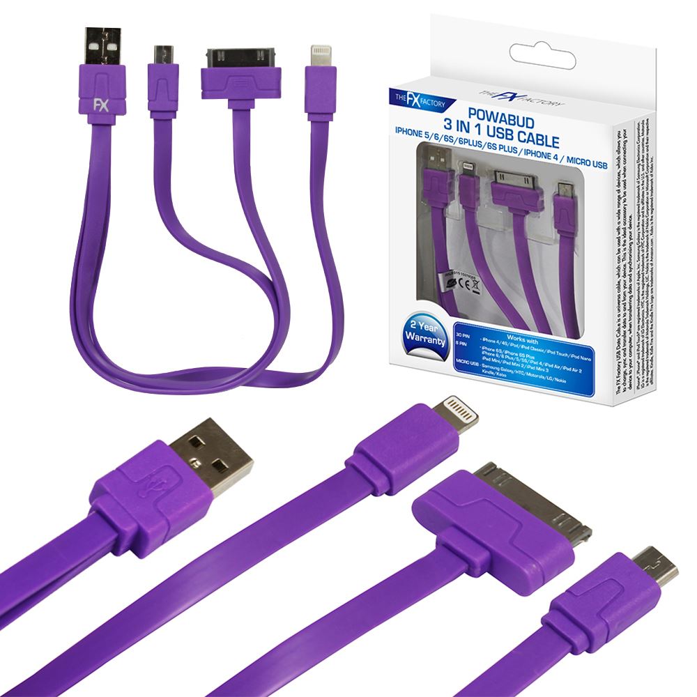 PURPLE POWABUD 3 IN 1 USB CABLE IPHONE 5. FXU3IN1PU \\\KD10529