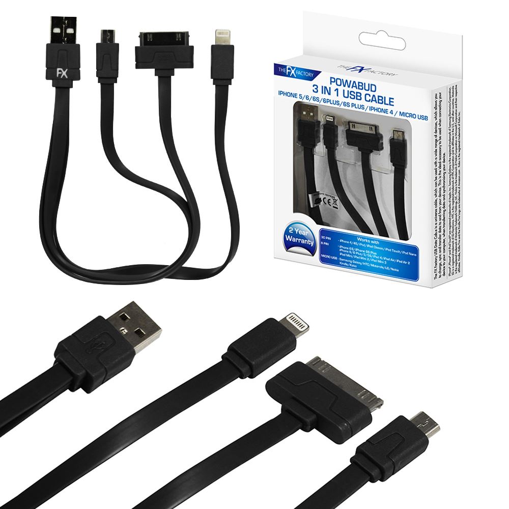 FX BLACK MULTI USB CHARGING CABLE 3 IN 1 IPHONE / TYPE C / MIRCO USB. \\\KD10531