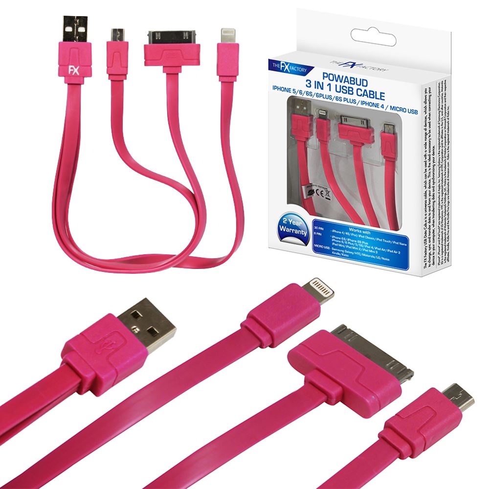PINK POWABUD 3 IN 1 USB CABLE IPHONE 5. FXU3IN1PK \\\KD10532