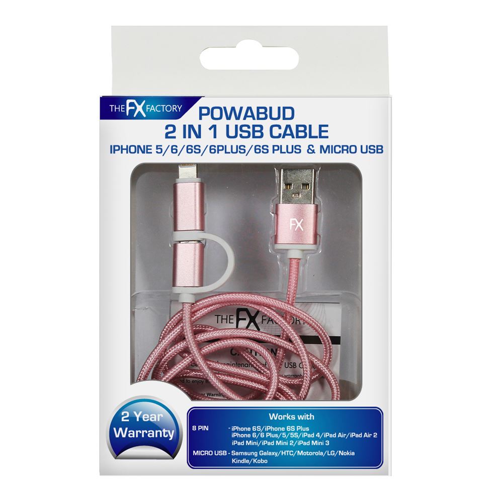 POWABUD 2 IN 1 USB CABLE IPHONE 5 ROSE GOLD. FXU2IN1RG \\\KD10535