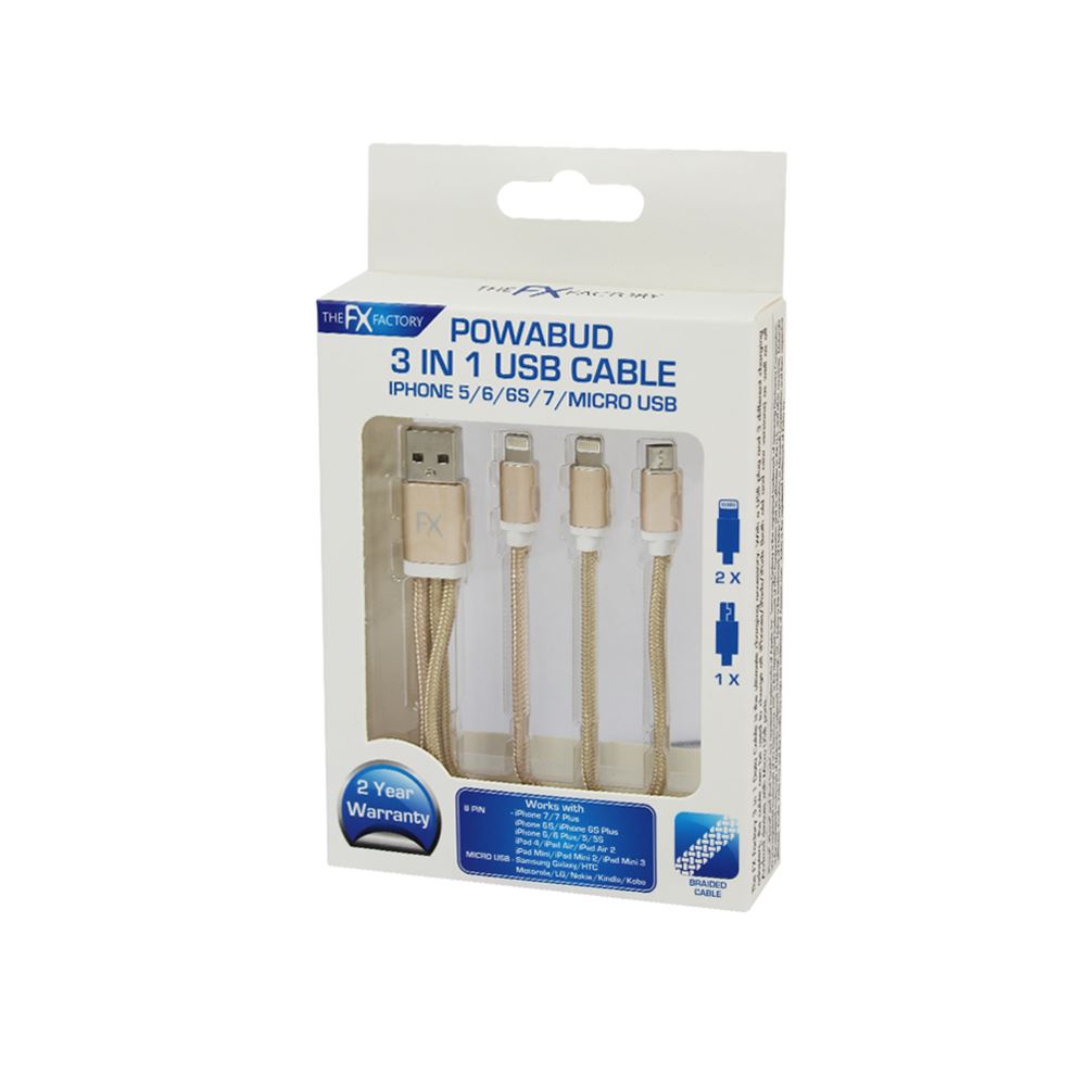 GOLD POWABUD 3 IN 1 USB CABLE IPHONE 5. FXUB3IN1GO \\\KD10538