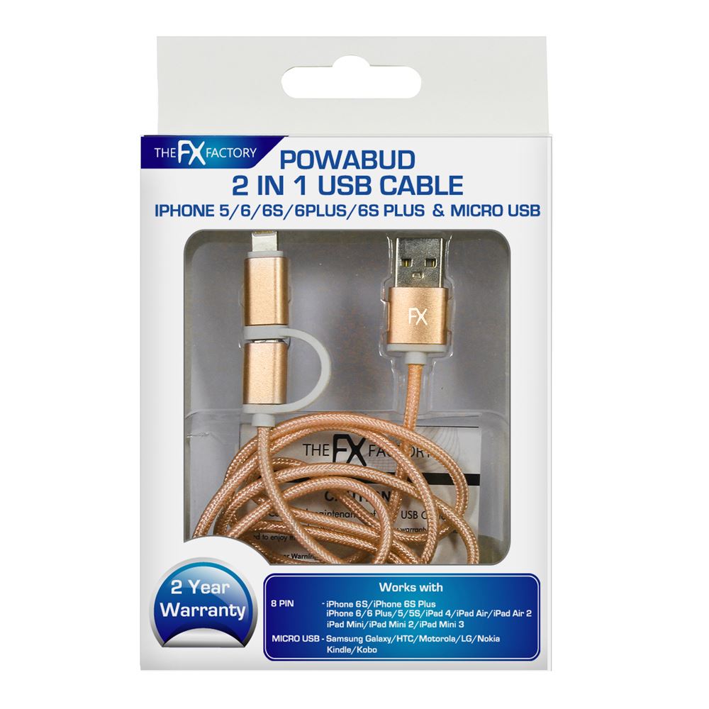 GOLD POWABUD 2 IN 1 USB CABLE IPHONE 5. FXU2IN1GO \\\KD10539