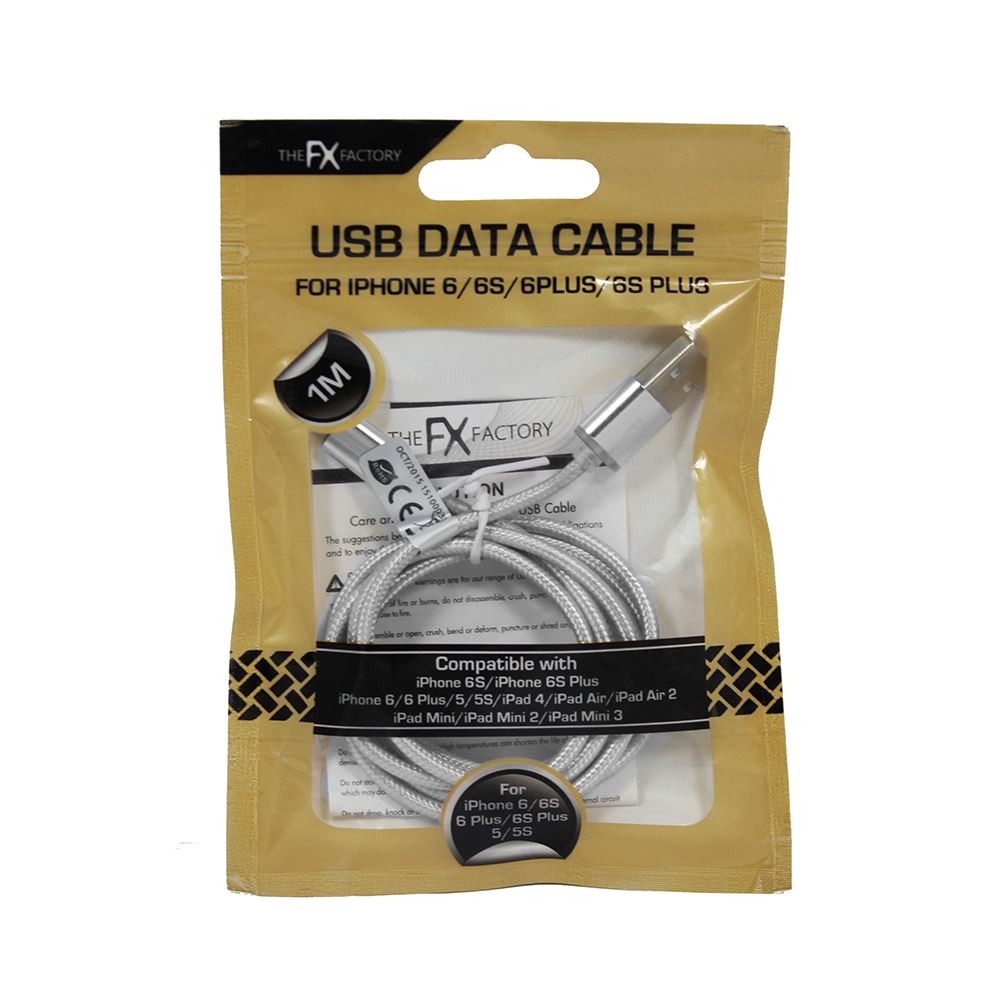 USB DATA CABLE FX BRAIDED FOR IPHONE 6 7 8 X SILVER. FXUIPH6BSI \\\KD10550