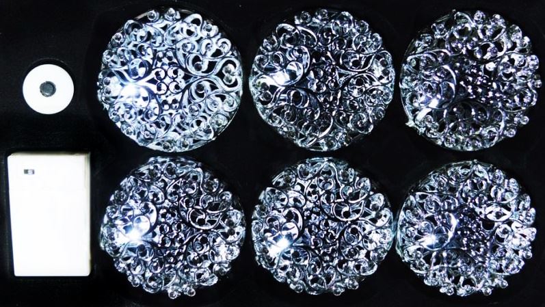 SILVER ORNAMATE BAUBLES  BATTERY OPERATED LED COOL WHITE 6/PK. 55216 \\\KD11518