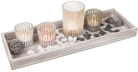 4 TEALIGHT VOTIVE CANDLE HOLDER & PEBBLES DECORATION WITH WOODEN TRAY BASE. 220053 \\\KD12348