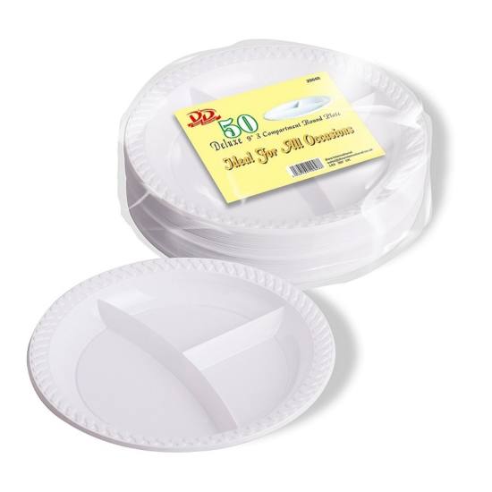 50 DELUXE 3 COMPARTMENT ROUND PLASTIC PLATES 9". DD9693 \\\KD12372