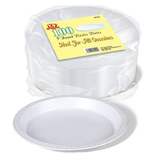 100 DISPSOABLE ROUND PLASTIC PLATES 9 INCH. DD9694 \\\KD12373