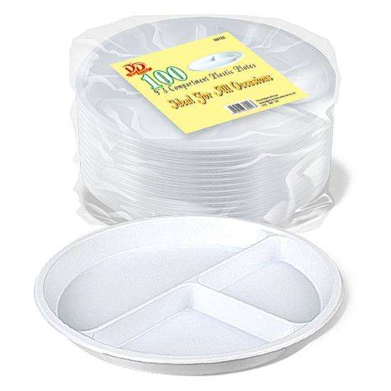100 DISPSOABLE ROUND PLASTIC 3 COMPARTMENT PLATES 9 INCH. 60122 \\\KD12374