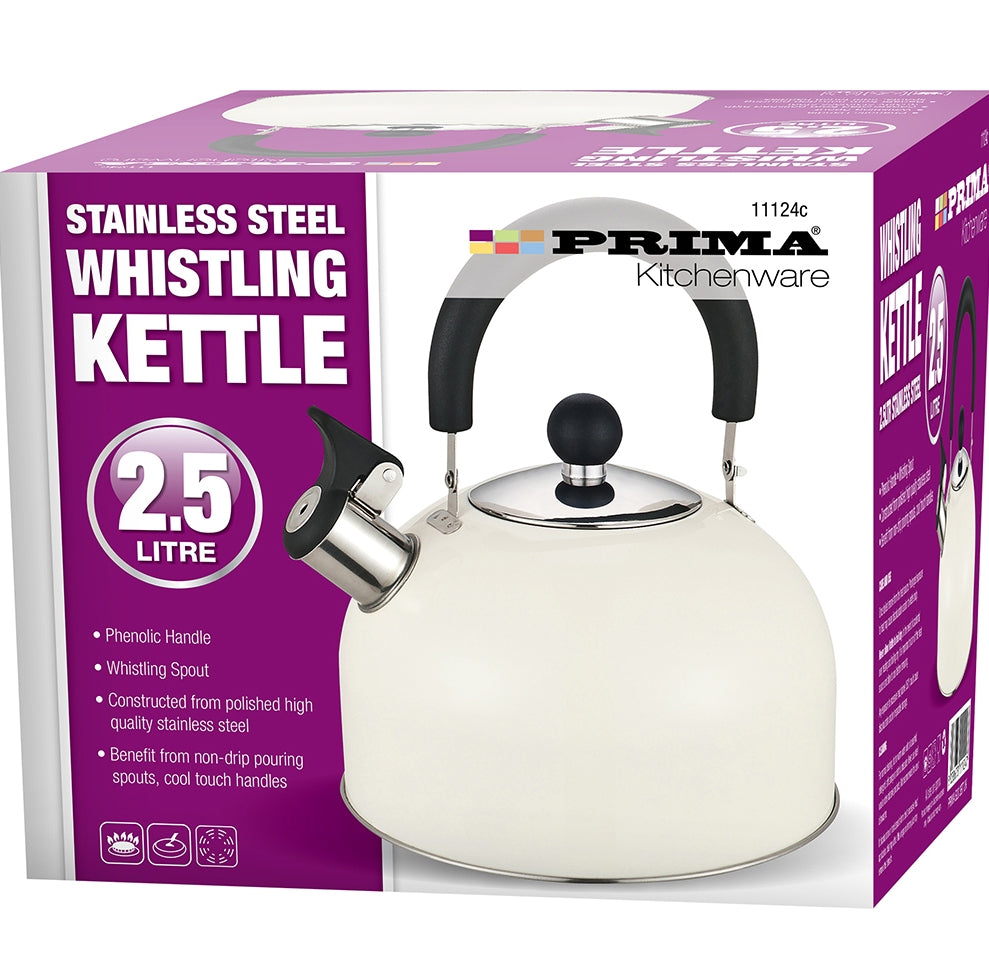 PRIMA STAINLESS STEEL WHISTLING KETTLE 2.5 LTR - CREAM. 11124 \\\KD12538